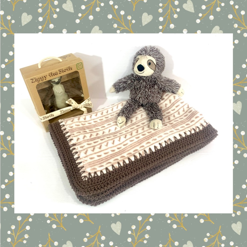 Ziggy Sloth Crochet Baby Blanket, Plush and Teether -  3 Piece Gift Set